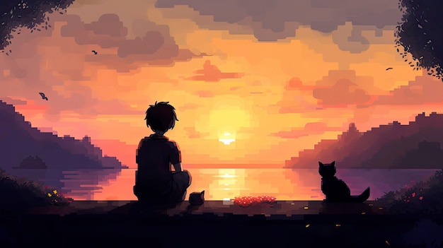 Un niño se sienta en un muelle mirando la puesta de sol con un gato en el horizonte.