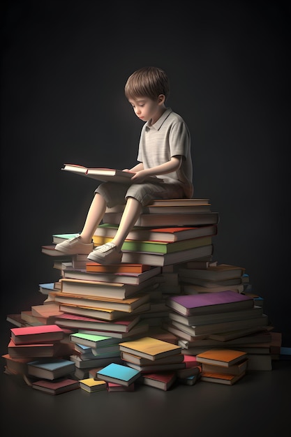 Un niño se sienta en una pila de libros leyendo un libro.