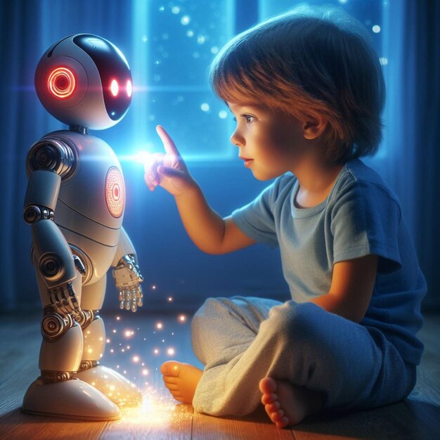 un niño se sienta en el suelo y señala a un robot