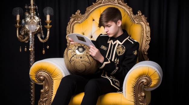 Un niño en una silla dorada leyendo un libro.