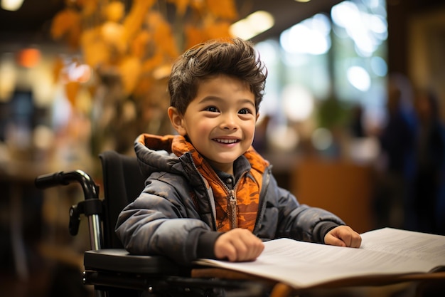 Niño en silla de ruedas estudiando en el aula IA generativa