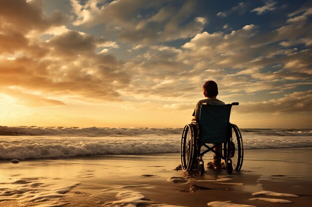 Niño en silla de ruedas mirando al mar en la orilla de una playa al atardecer