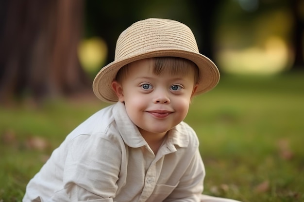 un niño con síndrome de Down camina por el parque y sonríe a la cámara