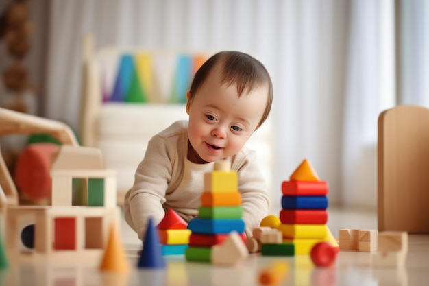 el niño con síndrome de Down juega con juguetes educativos y sonríe