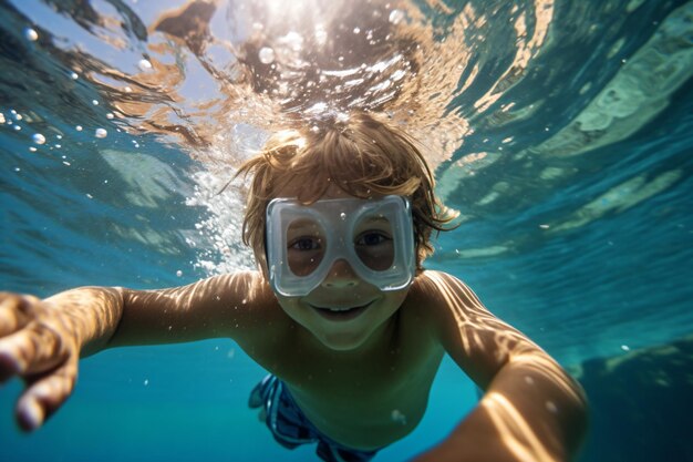 Foto un niño en un snorg nadando en el océano