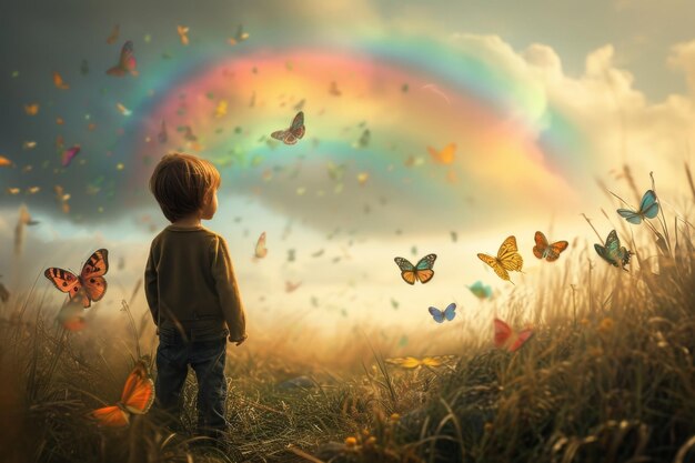 Un niño sobre un fondo de mariposas coloridas con textura de fondo ilustración 3d