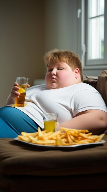 Foto niño con sobrepeso comer comida chatarra mientras ve la televisión solo en casa sentado en el suelo con papas fritas