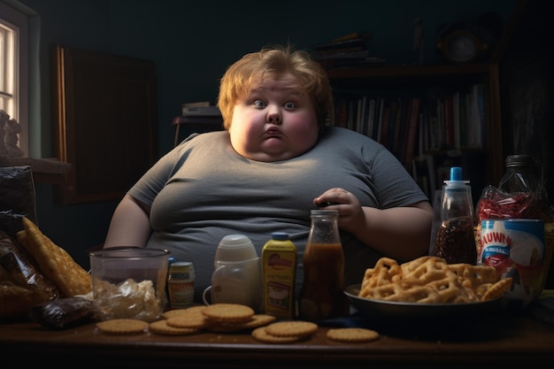 Niño con sobrepeso mira televisión Nutrición obesa Generar Ai