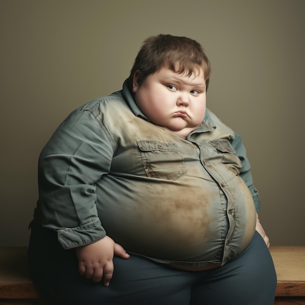 Foto niño sobrepeso triste con ropa ajustada sentado en un banco, retrato generativo