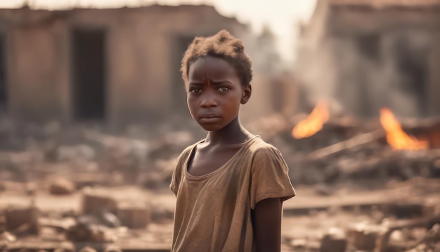Niño solemne en un pueblo quemado