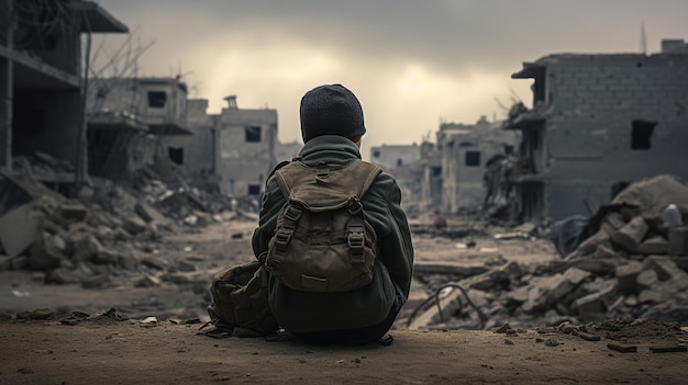 Foto niño solitario contra el fondo de una ciudad destruida un terremoto o una bomba guerra en palestina