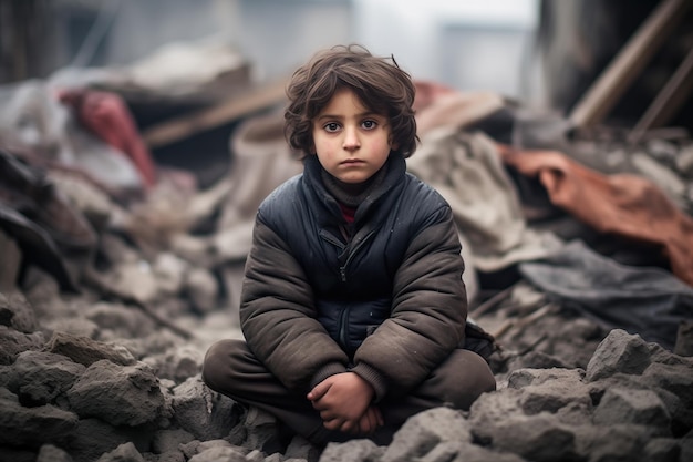 Un niño solitario e indefenso se sienta afuera de su casa devastada por la guerra.