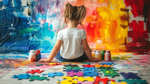 Un niño solitario está sentado frente a una pared pintada con pinturas de colores