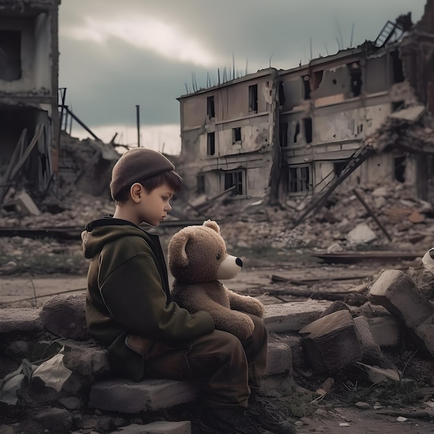 Un niño solitario perdido con su osito de peluche sentado en las ruinas de una gran ciudad destruida después del fin del mundo o después de un gran desastre como un terremoto o una inundación Concepto de Armageddon IA generativa