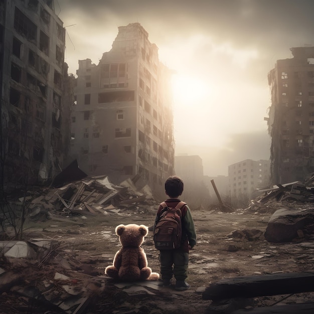 Un niño solitario perdido con su osito de peluche sobre las ruinas de una gran ciudad destruida después del fin del mundo o después de un gran desastre como un terremoto o una inundación Concepto de Armageddon IA generativa