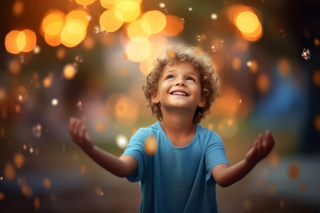 Niño con un sombrero amarillo mira hacia el cielo