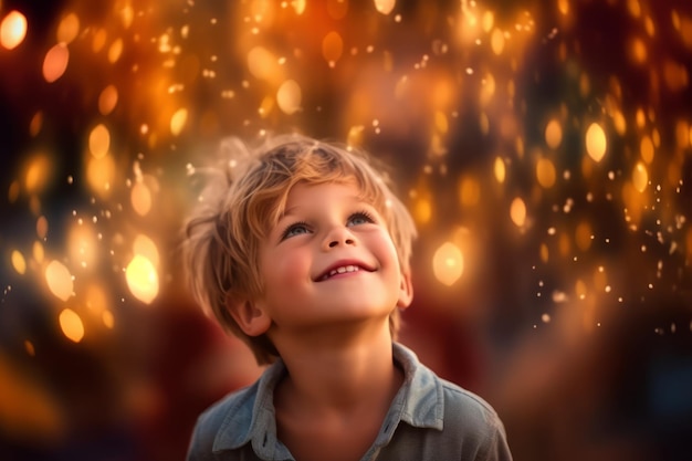 Foto niño con un sombrero amarillo mira hacia el cielo