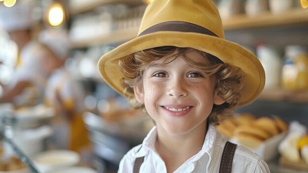 Foto niño con sombrero amarillo y suspensores