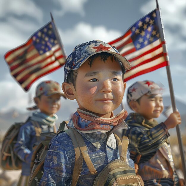 Foto un niño con un sombrero azul y rojo sostiene una bandera