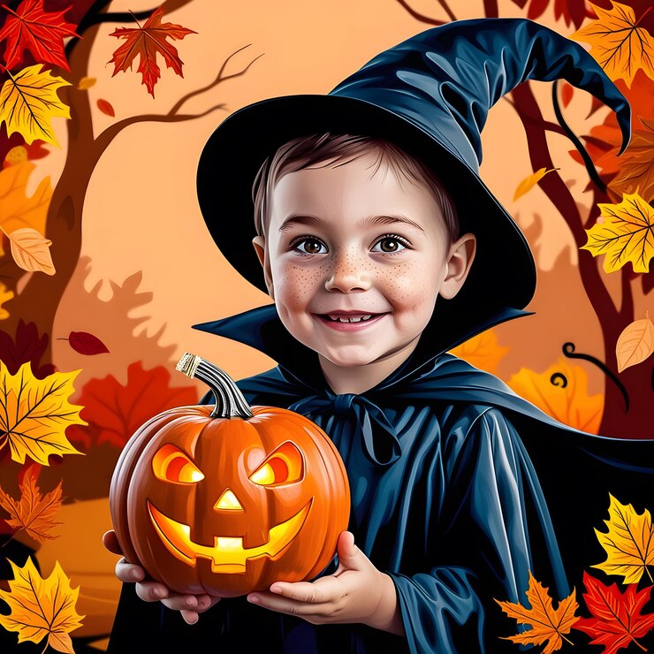 un niño con un sombrero de bruja sostiene una calabaza que dice "Halloween"