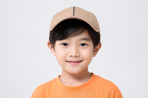un niño con sombrero y camisa naranja