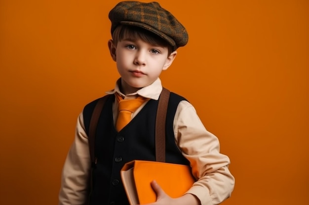 Un niño con sombrero y chaleco sostiene un libro en sus manos.