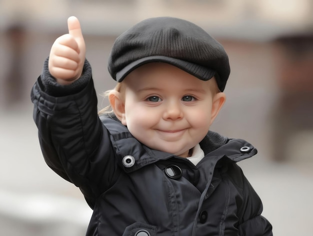 Un niño con sombrero y chaqueta está dando los pulgares hacia arriba