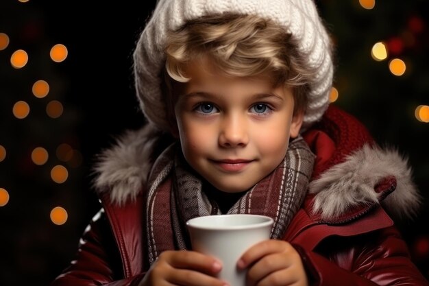 Un niño con un sombrero de chaqueta y guantes bebe té de una taza con