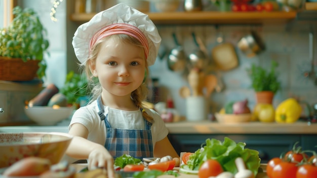 Niño en sombrero de chef cortando alimentos naturales a bordo