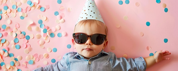 Niño con sombrero de fiesta y gafas de sol en fondo rosa con confeti