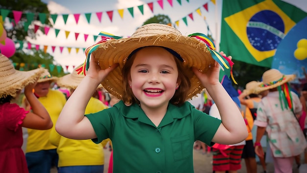 Foto un niño con un sombrero de paja que dice 