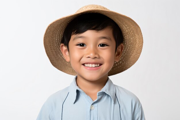 un niño con un sombrero de paja y sonriendo