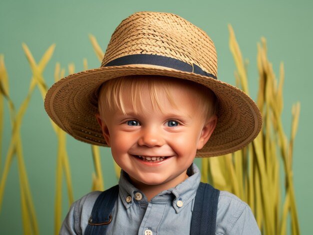 Foto niño con sombrero de paja y suspensores