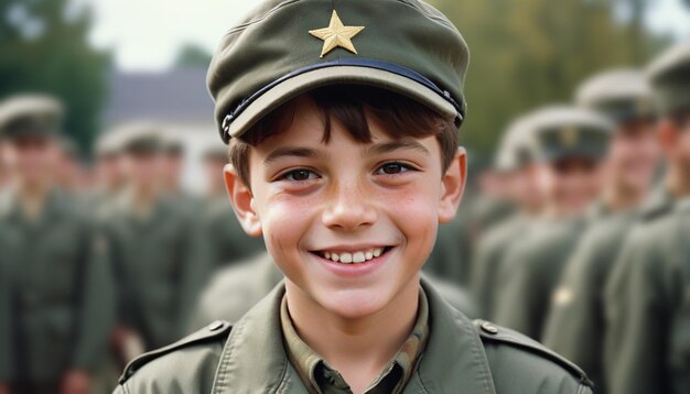 Foto un niño con un sombrero que dice que está sonriendo en el frente