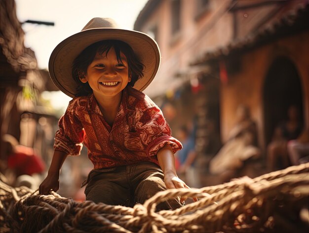 Foto un niño con un sombrero que dice un en él