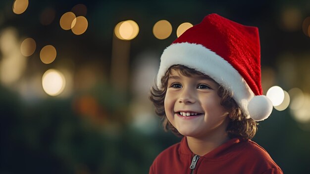 Foto un niño con un sombrero de santa claus en la víspera de navidad