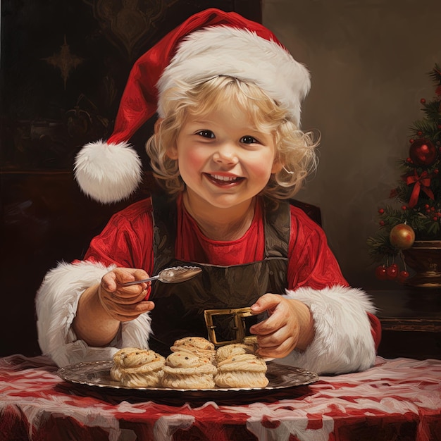 un niño con un sombrero de Santa está comiendo galletas