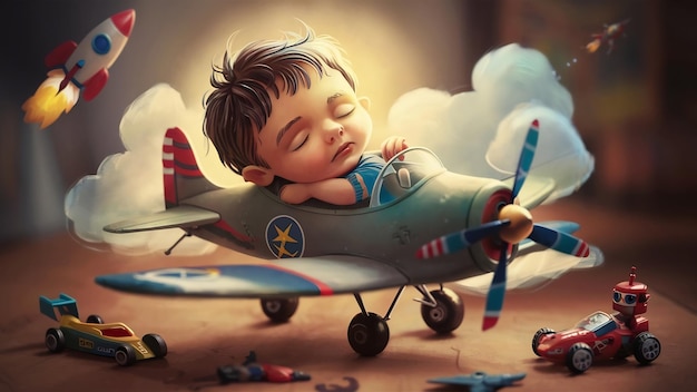 Niño soñador en un avión de juguete