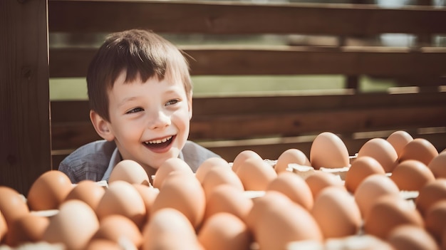 Un niño sonríe a un carro de huevos.