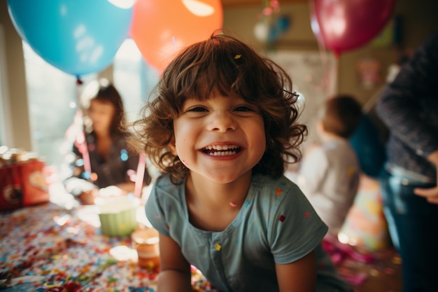 Un niño sonríe en una fiesta de cumpleaños con una expresión feliz en su rostro.