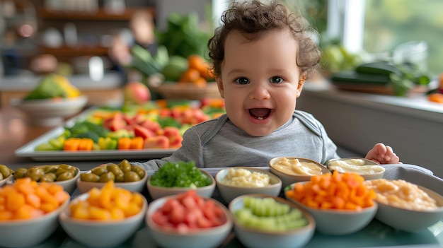 El niño sonríe frente a varios alimentos en tazas pequeñas