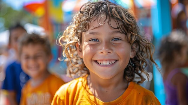 Un niño sonríe jugando en un pozo de bolas