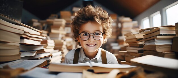 Un niño sonríe leyendo libros con gafas Un escolar feliz en un aula de la biblioteca