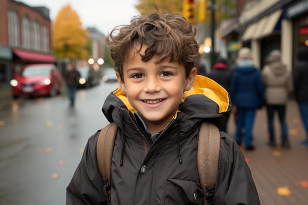 Foto un niño sonríe mientras está parado en la calle