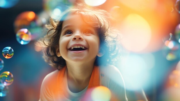 Foto un niño sonríe mientras está de pie frente a burbujas ai