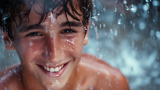 un niño sonríe mientras sostiene una salpicadura de agua