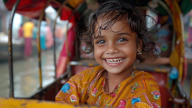 Un niño sonríe montando en un rickshaw