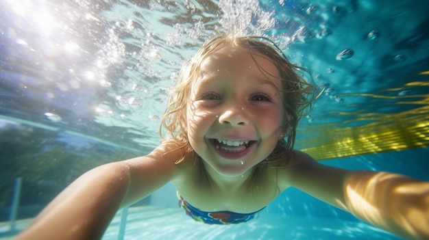 Un niño sonriendo bajo el agua.