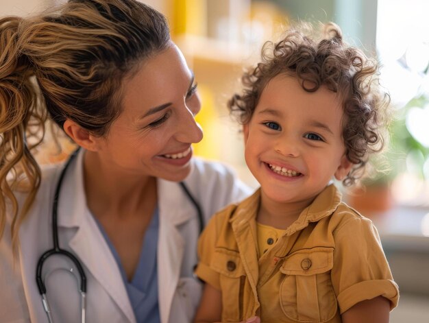 Niño sonriendo al médico durante el chequeo