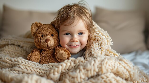 Un niño sonriendo brillantemente mientras abraza a un amigable oso de peluche